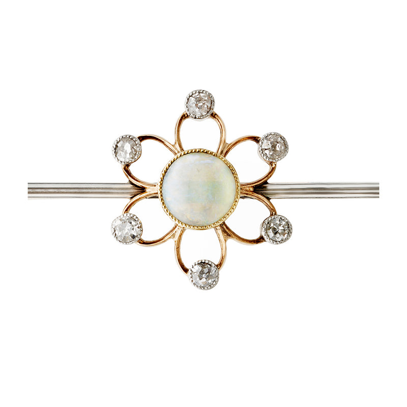 Antique Art Deco Yellow Gold and Platinum Cabochon Cut Opal and Old Cut and Diamond Flower Brooch