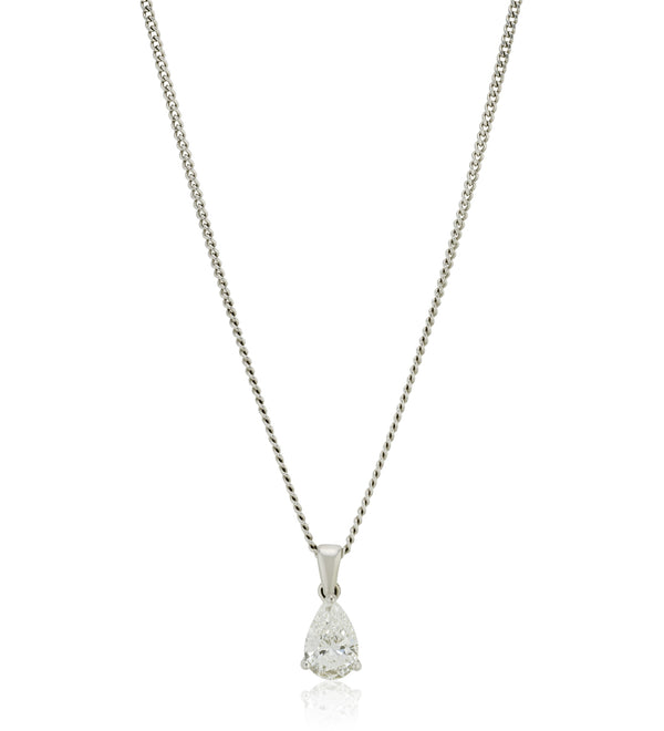18ct White Gold Three Claw Set Pear Cut Diamond Pendant and Chain