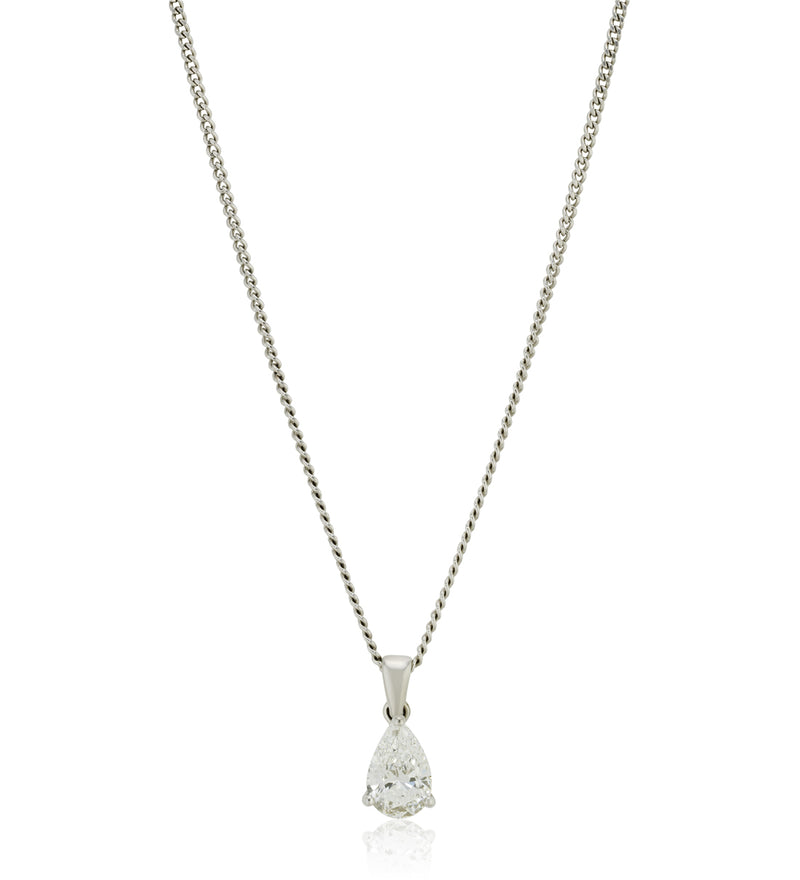 18ct White Gold Three Claw Set Pear Cut Diamond Pendant and Chain