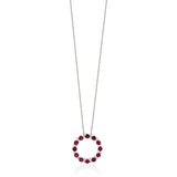 18ct White Gold Four Claw Set Round Cut Ruby and Round Brilliant Cut Diamond Circular Pendant and Chain