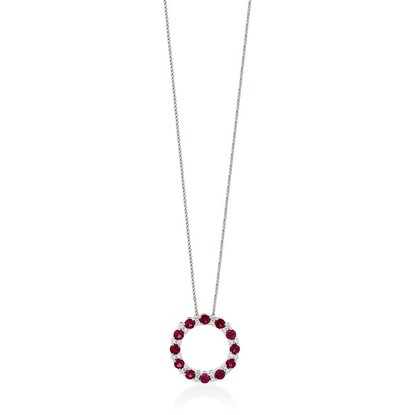18ct White Gold Four Claw Set Round Cut Ruby and Round Brilliant Cut Diamond Circular Pendant and Chain