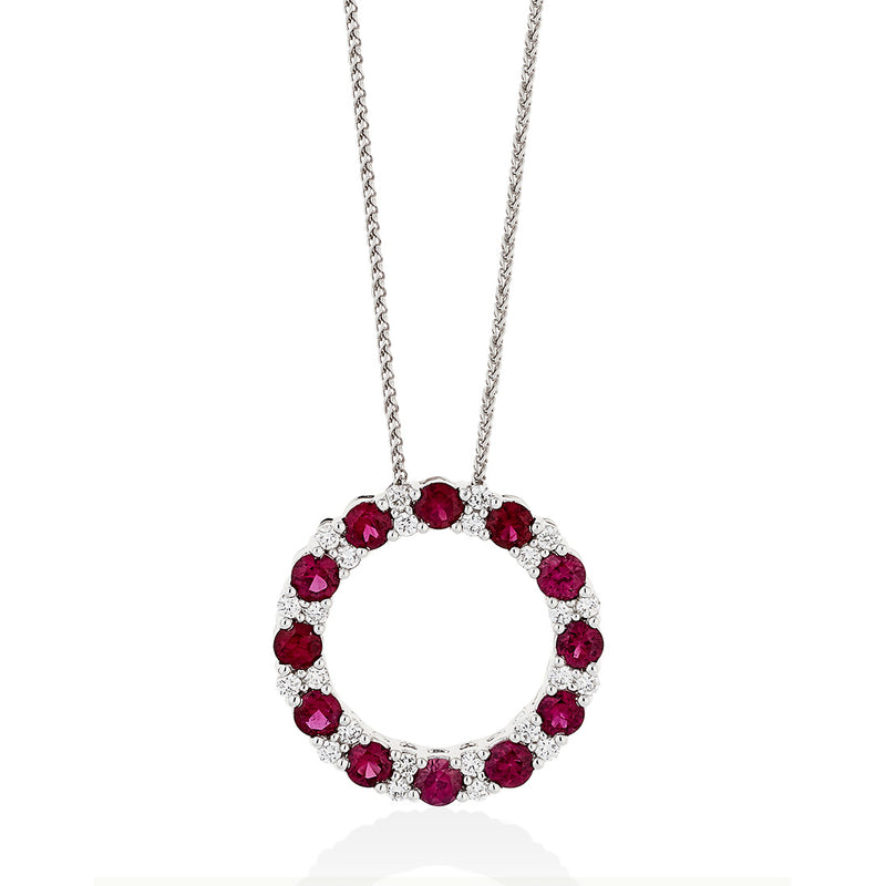 18ct White Gold Four Claw Set Round Cut Ruby and Round Brilliant Cut Diamond Circular Pendant and Chain