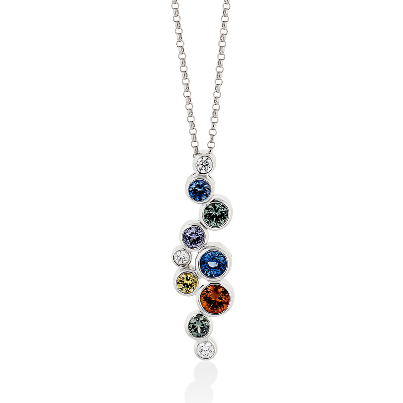 18ct White Gold Round Cut Multicoloured Sapphire and Round Brilliant Cut Diamond Drop Pendant and Chain