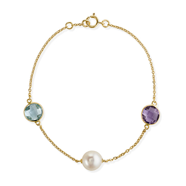 18ct Yellow Gold Akoya Cultured Pearl, Amethyst and Blue Topaz Bracelet
