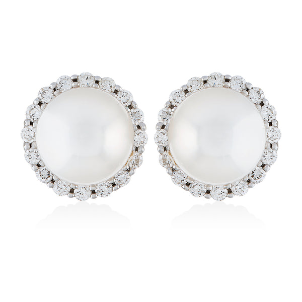 18ct White Gold Akoya Cultured Pearl and Round Brilliant Cut Diamond Halo Cluster Stud Earrings