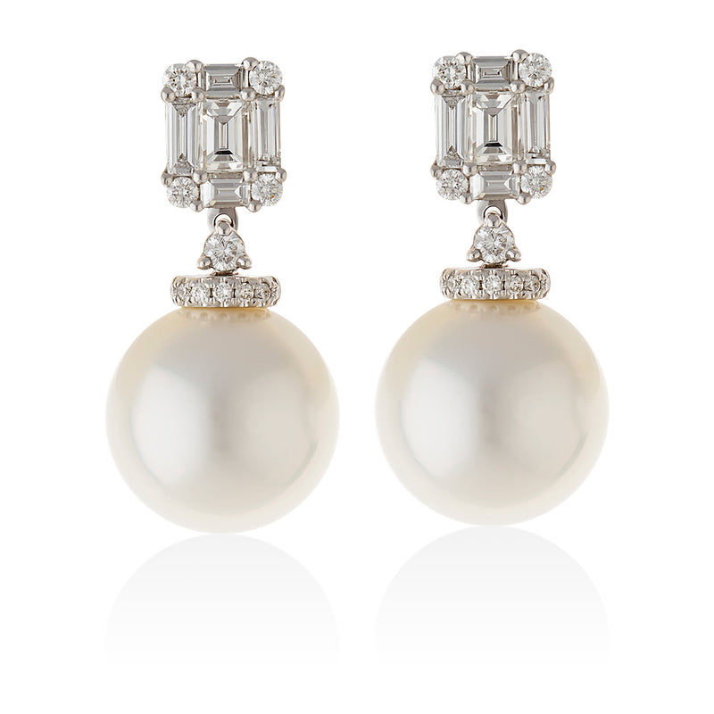 18ct White Gold South Sea Cultured Pearl and Baguette Cut Diamond Drop Earrings