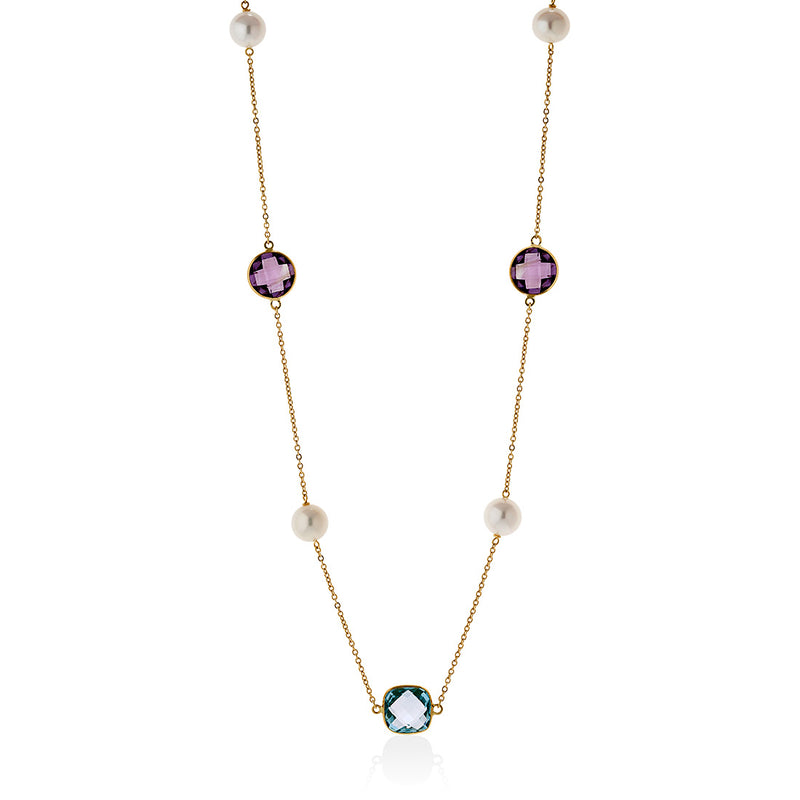 18ct Yellow Gold Akoya Cultured Pearl Amethyst and Blue Topaz Chain Necklace