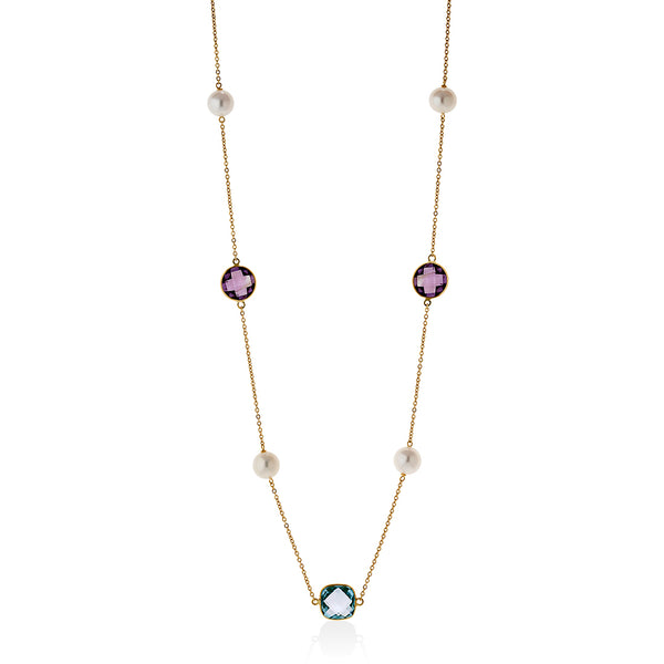 18ct Yellow Gold Akoya Cultured Pearl Amethyst and Blue Topaz Chain Necklace