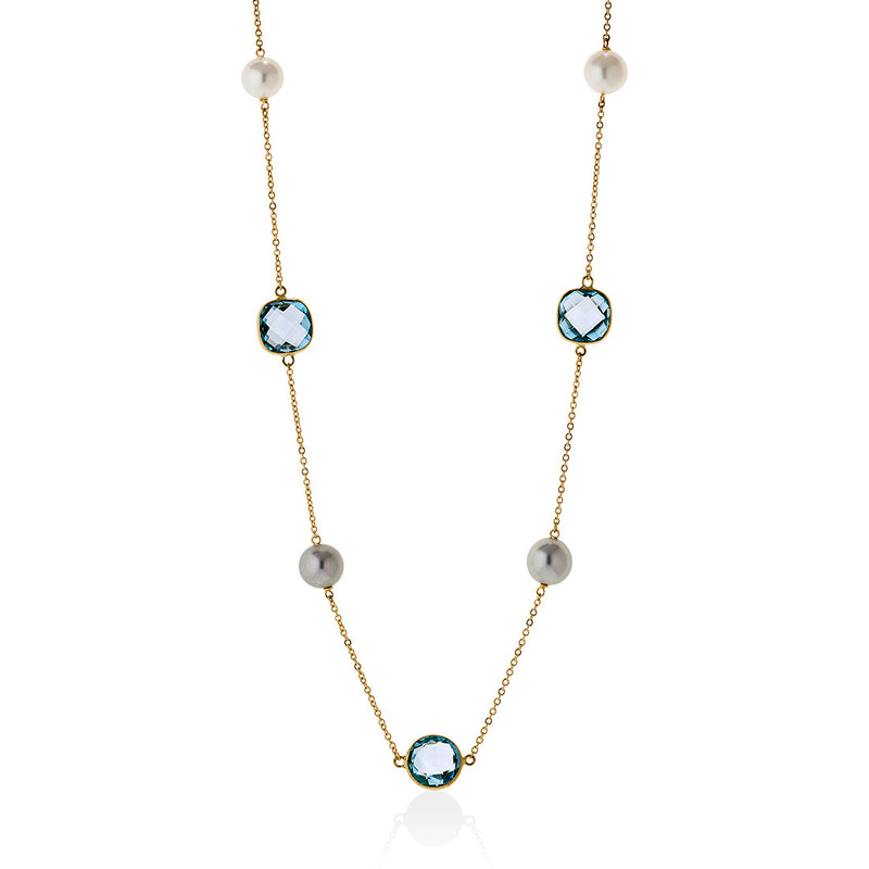18ct Yellow Gold Akoya Cultured Pearl Tahitian Cultured Pearl and Blue Topaz Chain Necklace