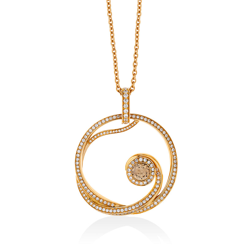8ct Rose Gold Four Claw Set Round Brilliant Cut Brown Diamond and Diamond Circular Pendant and Chain