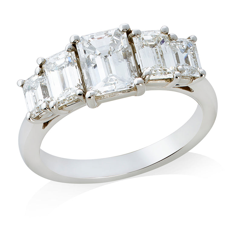 Platinum Five Stone Four Claw Set Emerald Cut Diamond Ring
