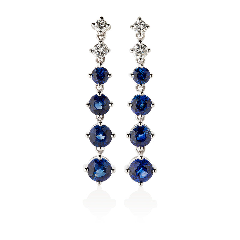 18ct White Gold Four Claw Set Round Cut Sapphire and Round Brilliant Cut Diamond Drop Earrings