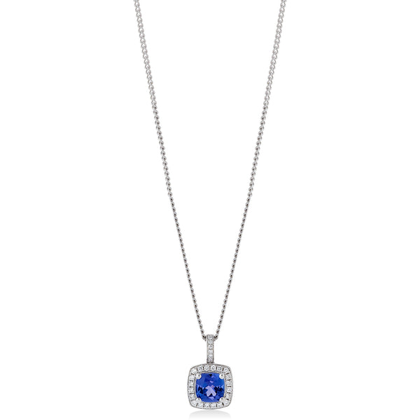 18ct White Gold Cushion Cut Tanzanite and Diamond Halo Cluster Pendant and Chain