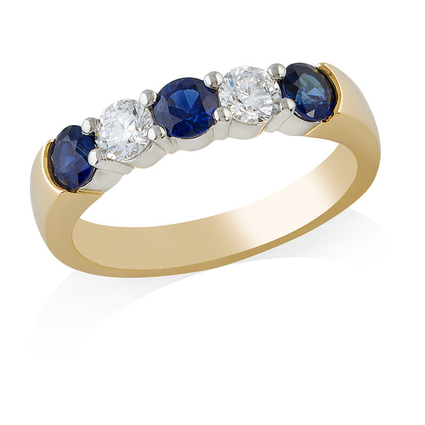 18ct Yellow Gold and Platinum Five Stone Four Claw Set Round Cut Sapphire and Round Brilliant Cut Diamond Ring
