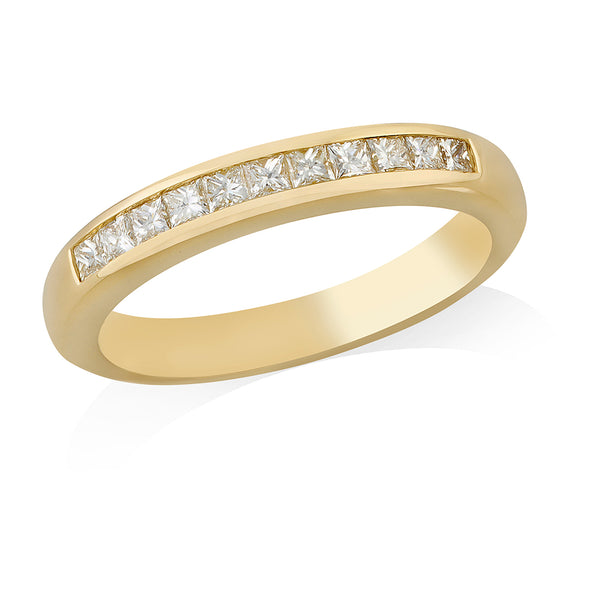 18ct Yellow Gold Channel Set Princess Cut Diamond Half Eternity Ring