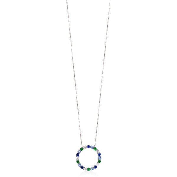 18ct White Gold Four Claw Set Round Cut Sapphire and Round Cut Tsavorite Circular Pendant and Chain