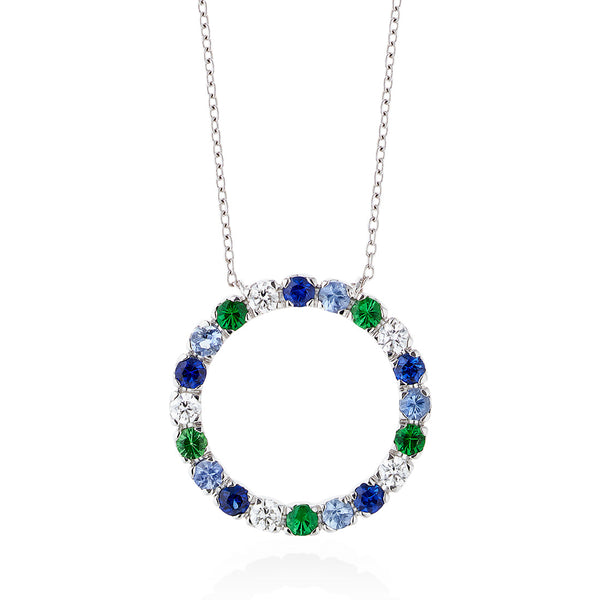 18ct White Gold Four Claw Set Round Cut Sapphire and Round Cut Tsavorite Circular Pendant and Chain