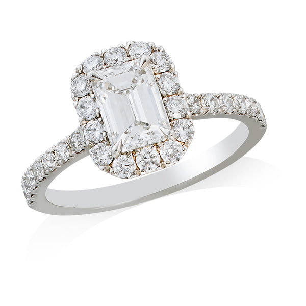 Platinum Four Claw Set Emerald Cut Diamond and Round Brilliant Cut and Diamond Halo Cluster Ring