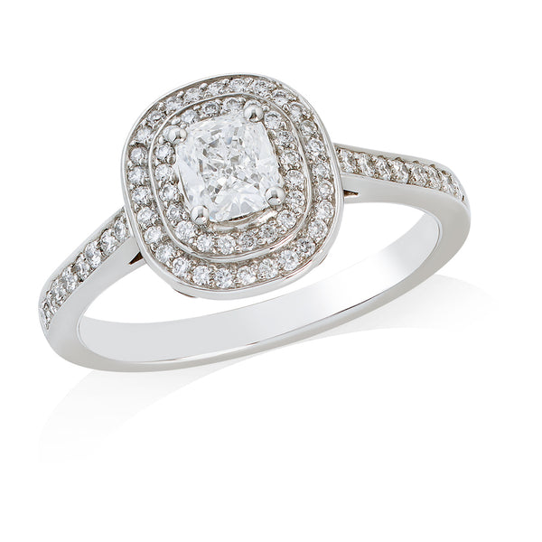 Platinum Four Claw Set Cushion Cut Diamond and Round Brilliant Cut and Diamond Double Halo Cluster Ring