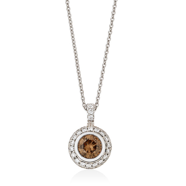 18ct White Gold Rub Set Round Brilliant Cut Brown Diamond and Round Brilliant Cut and Diamond Halo Cluster Pendant and Chain