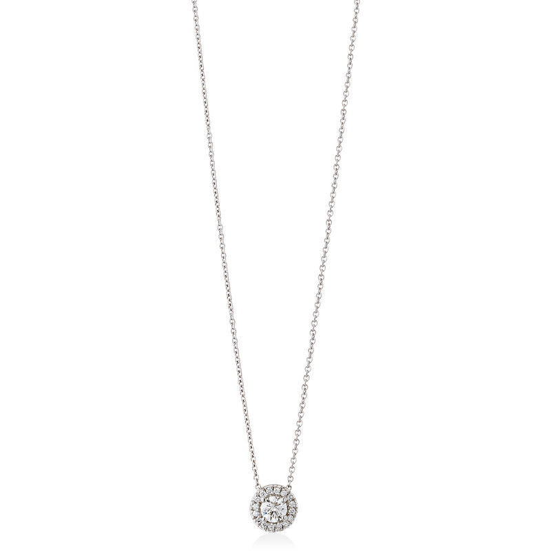 18ct White Gold Four Claw Set Round Brilliant Cut Diamond Halo Cluster Pendant and Chain