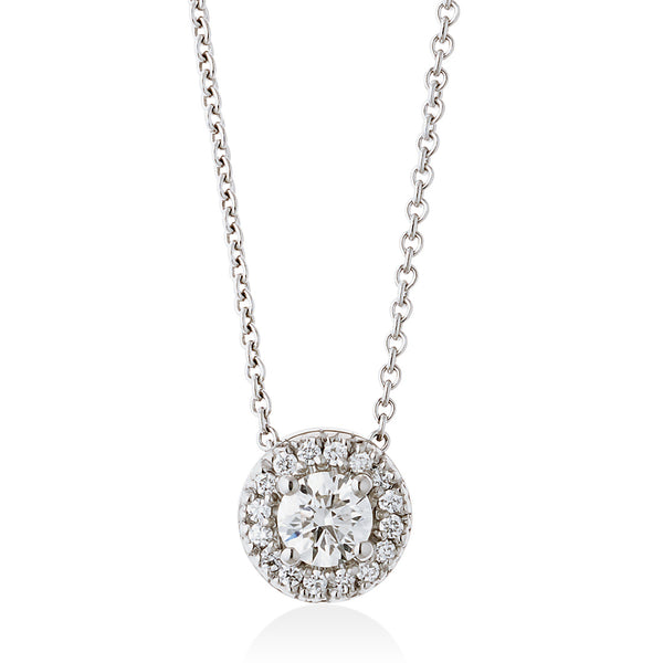 18ct White Gold Four Claw Set Round Brilliant Cut Diamond Halo Cluster Pendant and Chain