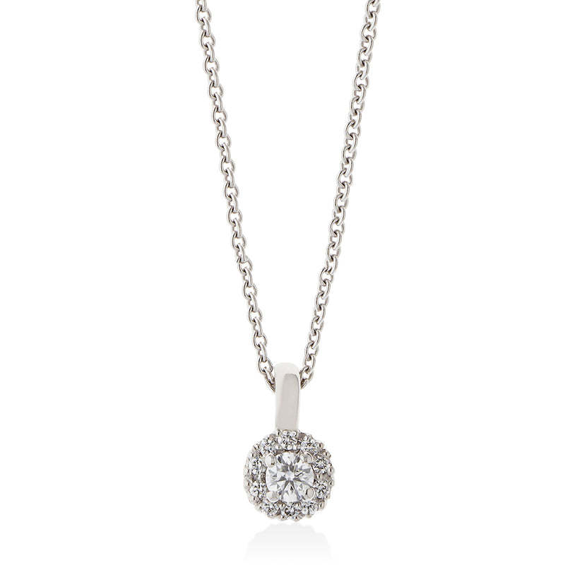 18ct White Gold Four Claw Set Round Brilliant Cut Diamond Cluster Pendant and Chain