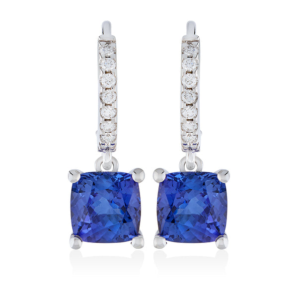 18ct White Gold Four Claw Set Cushion Cut Tanzanite and Round Brilliant Cut Diamond Drop Earrings