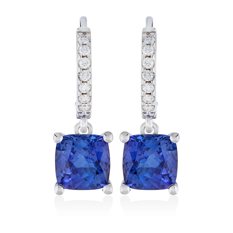 18ct White Gold Four Claw Set Cushion Cut Tanzanite and Round Brilliant Cut Diamond Drop Earrings