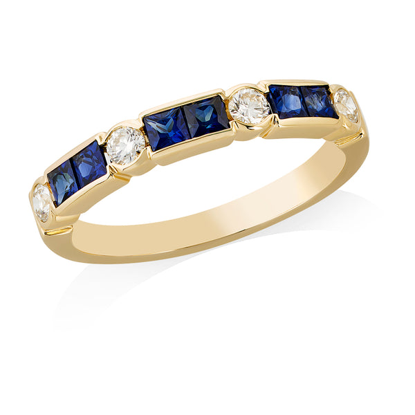 18ct Yellow Gold Rub Set Princess Cut Sapphire and Round Brilliant Cut Diamond Half Eternity Ring