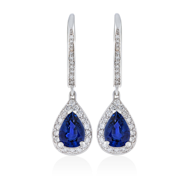 18ct White Gold Three Claw Set Pear Shaped Sapphire and Round Brilliant Cut Diamond Cluster Drop Earrings