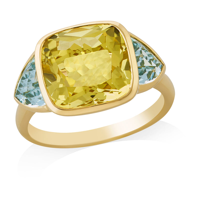 18ct Yellow Gold Rub Set Cushion Cut Lemon Quartz and Trapeze Cut Blue Topaz Three Stone Ring