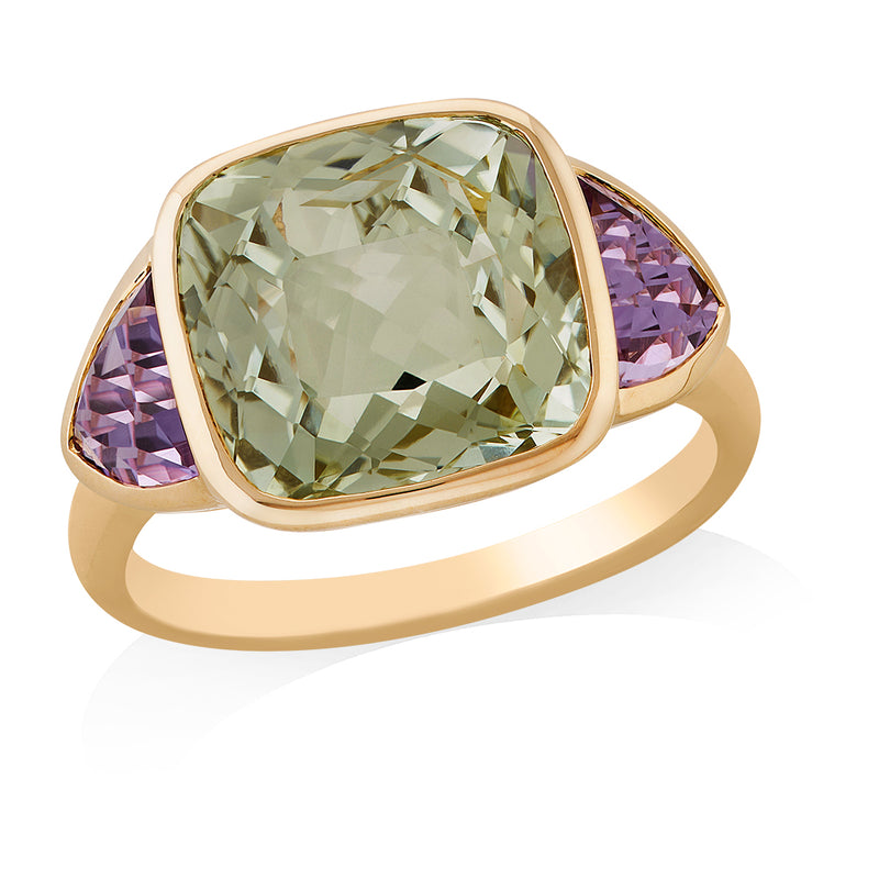 18ct Rose Gold Rub Set Cushion Cut Green Amethyst and Trapeze Cut Purple Amethyst Three Stone Ring