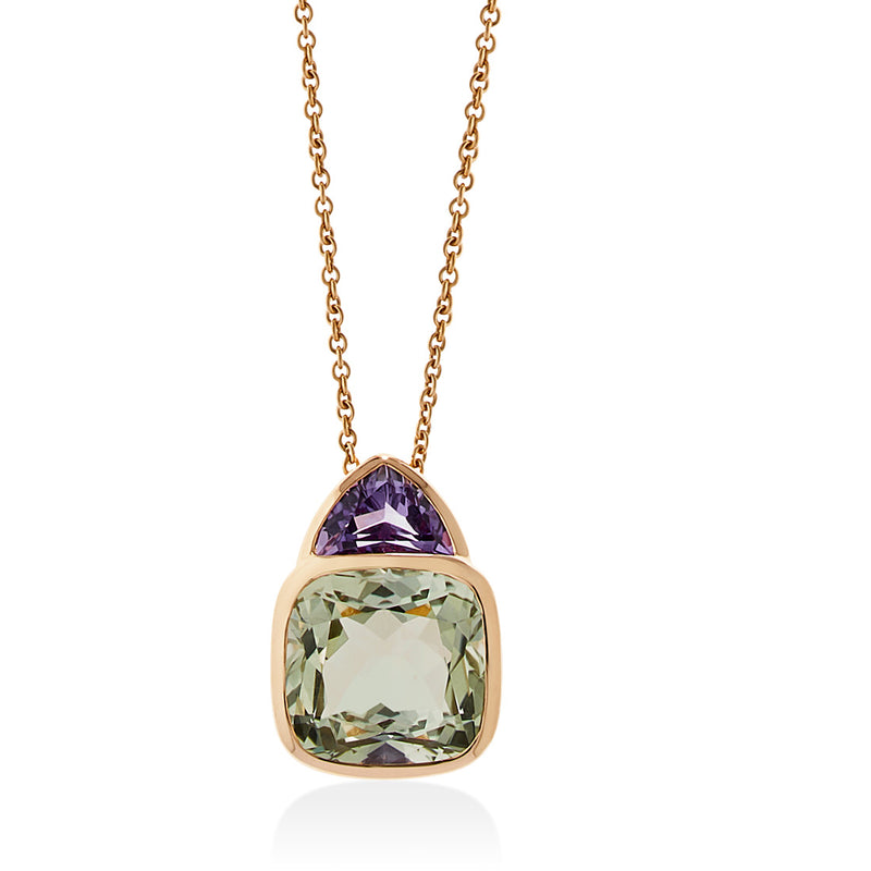 18ct Rose Gold Rub Set Cushion Cut Green Amethyst and Trapeze Cut Purple Amethyst Pendant and Chain