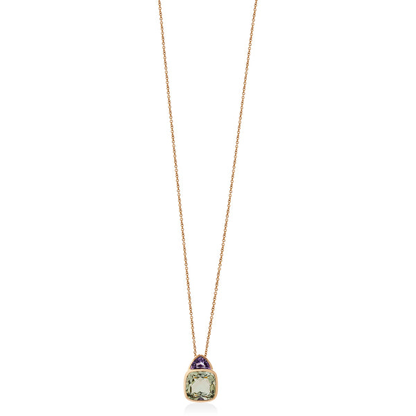 18ct Rose Gold Rub Set Cushion Cut Green Amethyst and Trapeze Cut Purple Amethyst Pendant and Chain