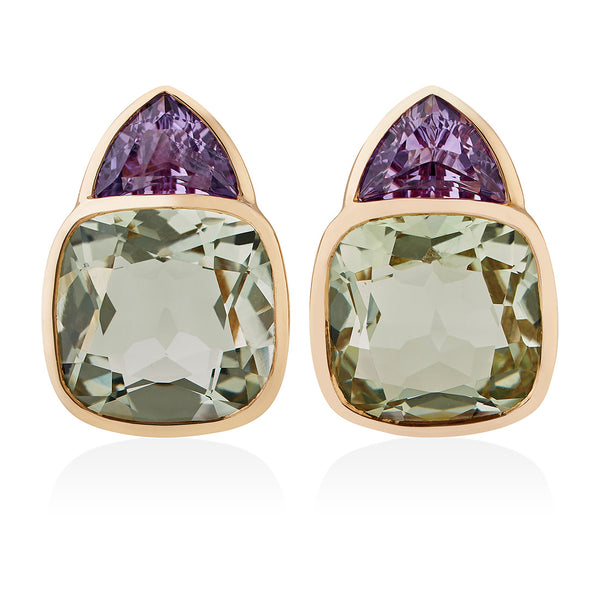 18ct Rose Gold Rub Set Cushion Cut Green Amethyst and Trapeze Cut Purple Amethyst Stud Earrings