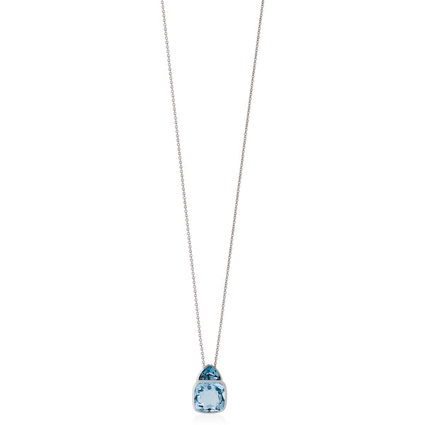 18ct White Gold Rub Set Cushion Cut Blue Topaz and Trapeze Cut London Blue Topaz Pendant and Chain