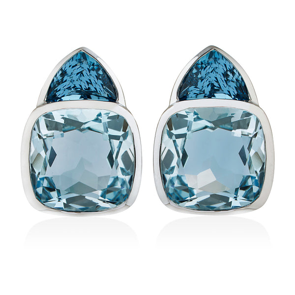 18ct White Gold Rub Set Cushion Cut Blue Topaz and Trapeze Cut London Blue Topaz Stud Earrings