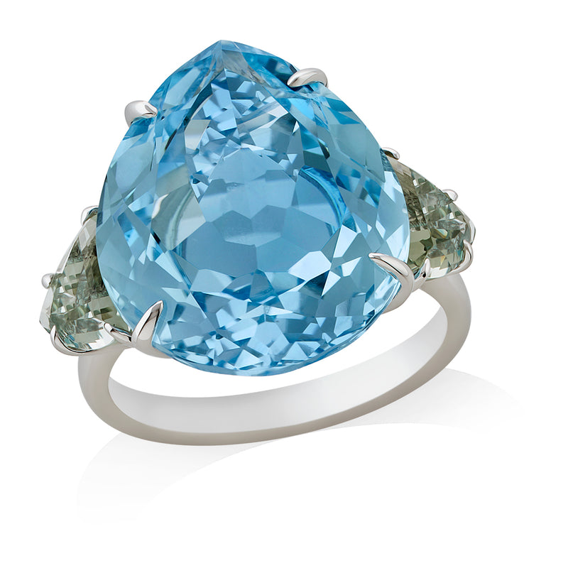 18ct White Gold Four Claw Set Pear Shaped Blue Topaz and Trapeze Cut Green Amethyst Three Stone Ring