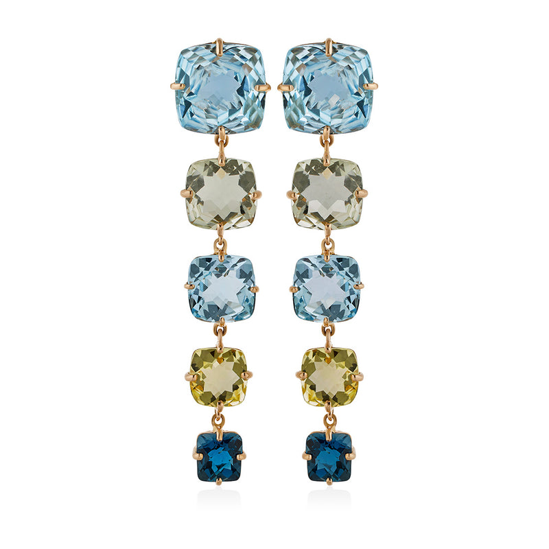 18ct Rose Gold Four Claw Set Multi-Faceted Cut Blue Topaz and Multi-Faceted Cut Mixed Gemstone Drop Earrings