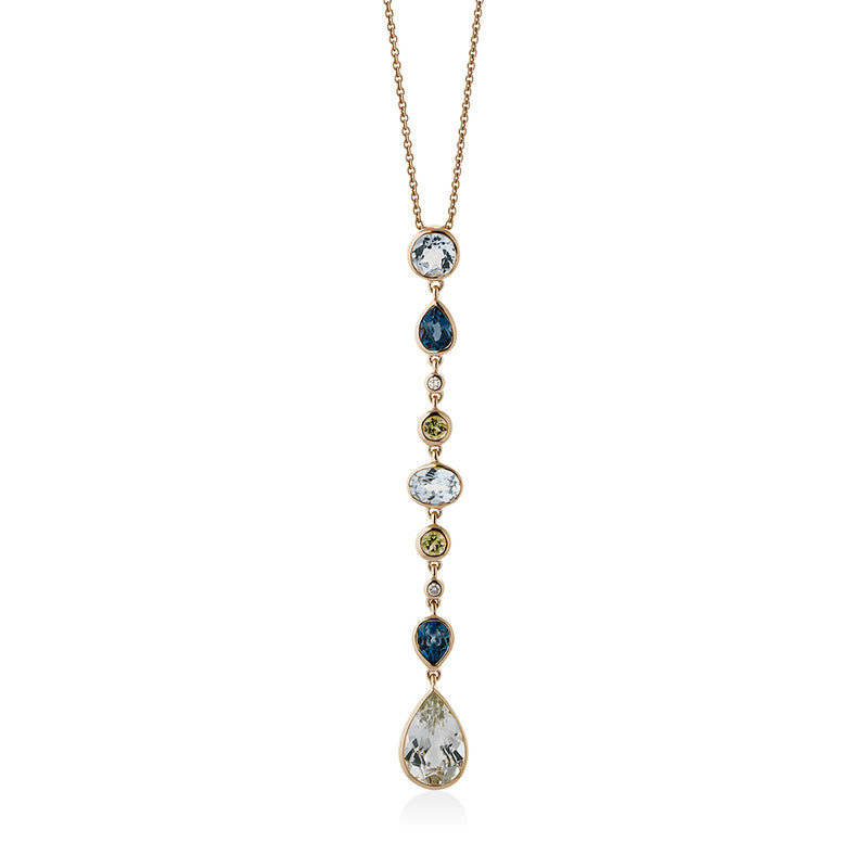 18ct Rose Gold Rub Set Mixed Gemstone Drop Pendant and Chain