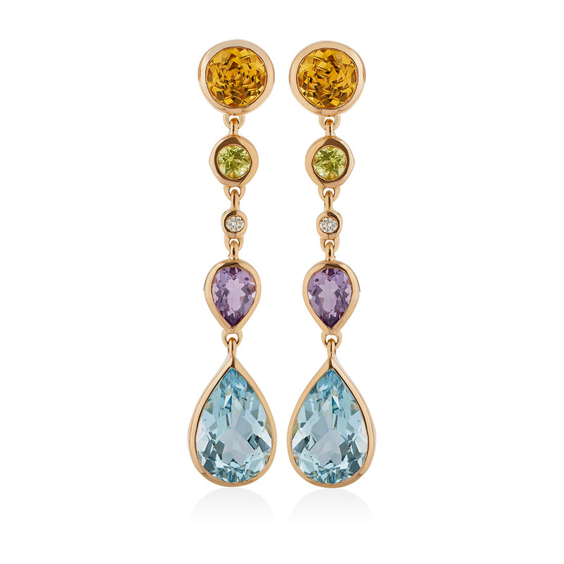 18ct Rose Gold Rub Set Pear Shaped Blue Topaz and Mixed Stone Cut Mixed Gemstone Drop Earrings