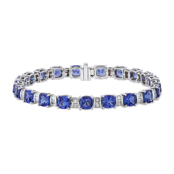 18ct White Gold Claw Set Cushion Cut Tanzanite and Baguette Cut Diamond Bracelet