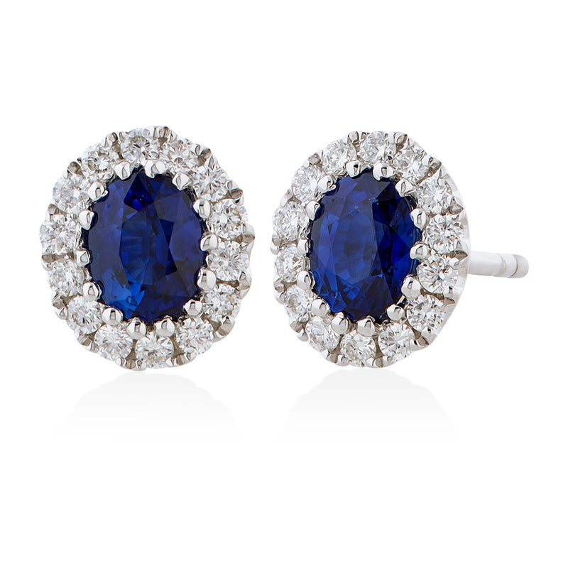 18ct White Gold Claw Set Oval Cut Sapphire and Diamond Halo Cluster Stud Earrings