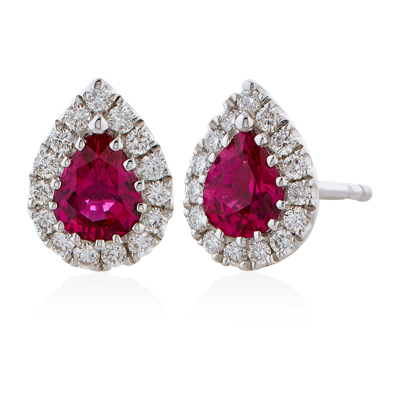 18ct White Gold Claw Set Pear Shaped Ruby and Round Brilliant Cut Diamond Halo Cluster Stud Earrings