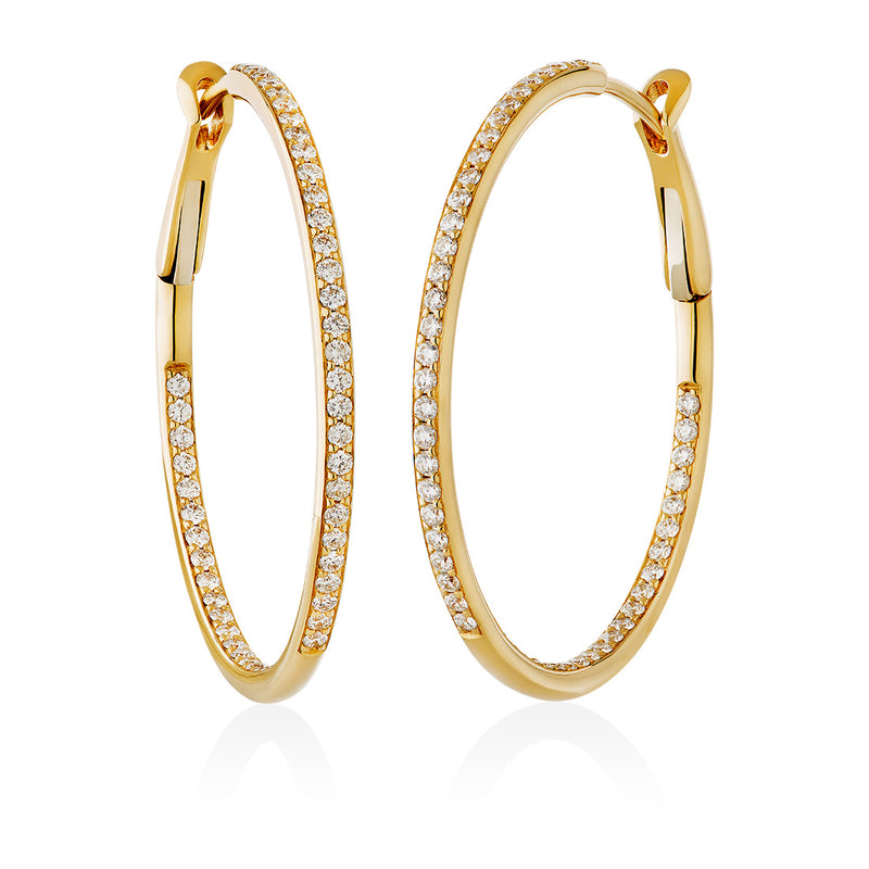 18ct Yellow Gold Pave Set Round Brilliant Cut Diamond Hoop Earrings