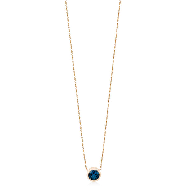 18ct Rose Gold Rub Set Round Cut London Blue Topaz Pendant and Chain