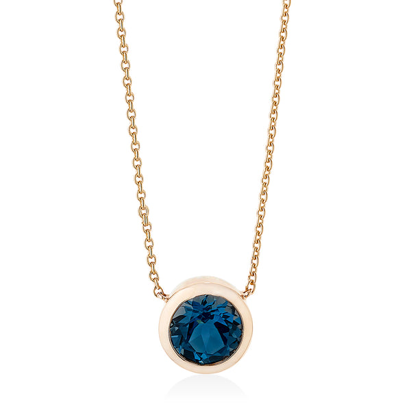 18ct Rose Gold Rub Set Round Cut London Blue Topaz Pendant and Chain