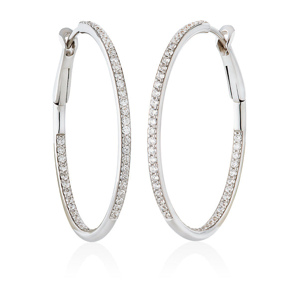 18ct White Gold Pave Set Round Brilliant Cut Diamond Hoop Earrings