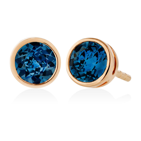 18ct Rose Gold Rub Set Round Cut London Blue Topaz Stud Earrings